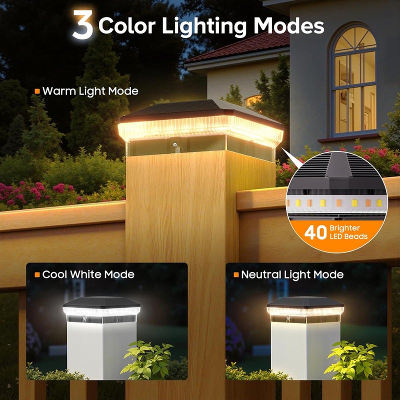 LETMY 6 Pack Solar Post Cap Lights Outdoor, 40 LEDs 4x4 Fence Post Solar Lights Outdoor Waterproof with 3 Modes, Solar Powered Deck Fence Cap Light for 3.5x3.5 4x4 Vinyl Wooden Posts (Black) - Image 2
